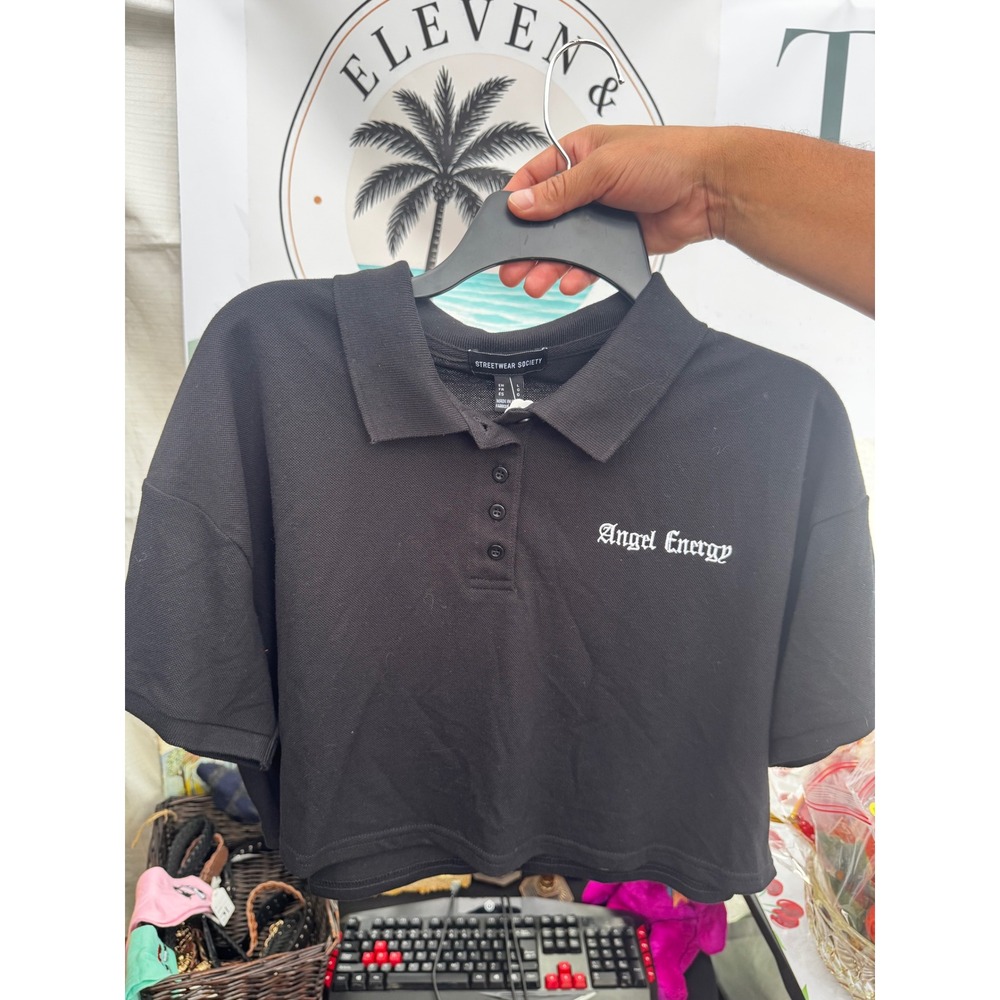 Streetwear Society Black Angel Energy Boxy Cropped Polo Shirt  Large